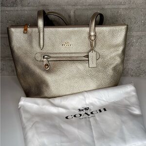 Coach Metallic Gold Pebbled Leather Zip Top Tote Bag w/ Hangtag + Dust Bag